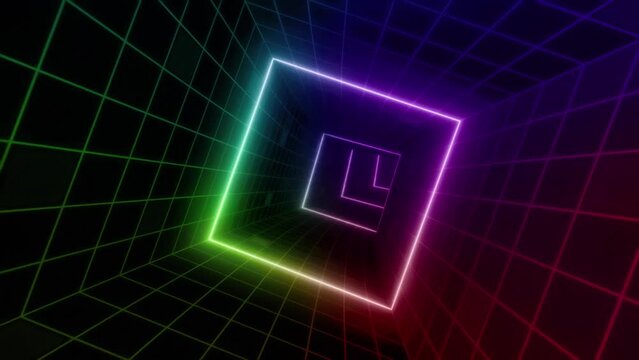 3d Abstract hyperloop neon grid square retro futuristic tunnel, 4k multicolored cyberspace square high tech looping motion background