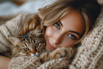 Captivating woman gently cradles a beautiful cat in her arms
