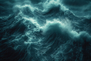 A dramatic shot of a stormy ocean in varying tones of deep navy, conveying the power and unpredictability of the sea. Concept of monochromatic maritime storms. Generative Ai.