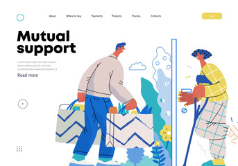 Mutual Support Buying groceries for ill neighbor -modern flat vector concept illustration of man carrying shopping bags for woman on crutches Metaphor of voluntary, collaborative exchanges of services