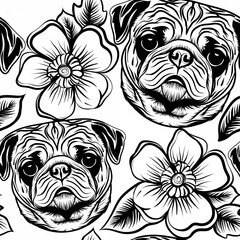 Seamless pattern with dog and flower. Hand draw digital illustration seamless pattern 