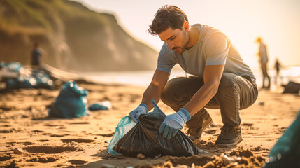 man wearing gloves picking up trash from the beach