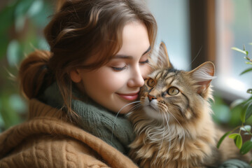 Woman gracefully cradling a contented cat in her arms, reveling in their enchanting bond