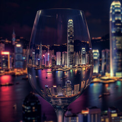 Hong Kong City Diorama inside a wine glass set against the city at night.
