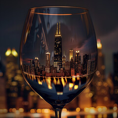 Chicago City Diorama inside a wine glass set against the city at night.