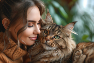 Serene moment of connection as a woman tenderly cradles a cat in her arms