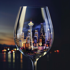 Seattle City Diorama inside a wine glass set against the city at night. 