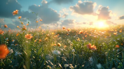 Sunlit Flower Meadow at Sunset