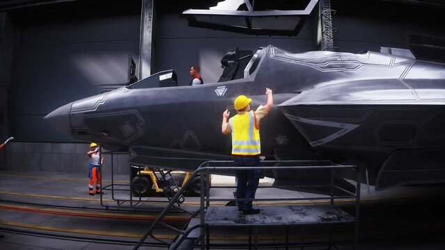 Production of military fighter jet f 35 at the factory. Military factory weapon. Realistic 4k animation.