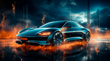 Future car in flame going on the road - obrazy, fototapety, plakaty