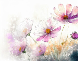  Cosmos flowers background, artistic illustration, watercolor painting