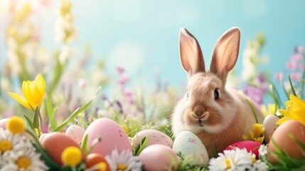 Naklejka na ściany i meble a bunny sitting in a grass with eggs