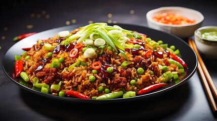 Chinese cuisine, featuring a steaming plate of schezwan fried rice adorned with vibrant toppings of green spring onion and a drizzle of red soy sauce.