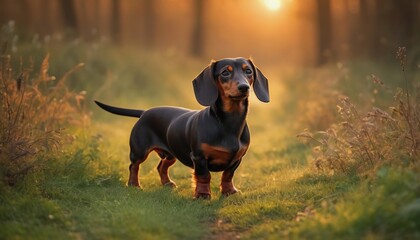 Dachshund dog, dog at dawn, purebred dog in nature, happy dog, beautiful dog