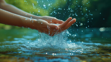 Closeup of woman's hand holding fresh water splashing in the lake