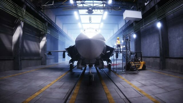 Production of military fighter jet f 35 at the factory. Military factory weapon. Realistic 4k animation.