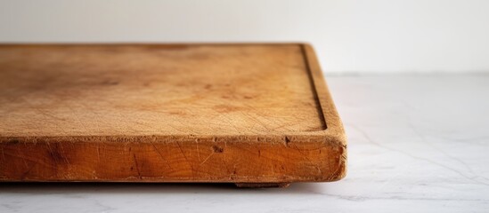 A rectangle wooden cutting board made of hardwood is placed on a marble counter in a cuisine setting, ready for ingredient preparation in a recipe for baked goods or a dish.