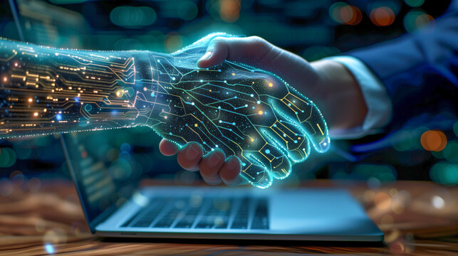 Human and Digital Connection: Handshake Between Real and Virtual - Online Transaction and Agreement Concept