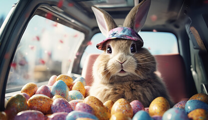 funny Easter bunny in sunglasses with his eggs sitting in the car. cartoon character - obrazy, fototapety, plakaty