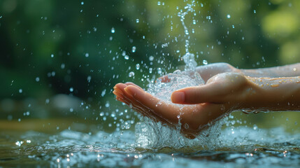 Closeup of woman's hand holding fresh water splashing in the lake