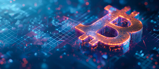 Digital Bitcoin Symbol: Cryptocurrency Concept Background with Copy Space