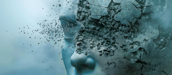 Disintegration of Human Face into dust Particles - Self Destruction and Fall of Society values morals concept