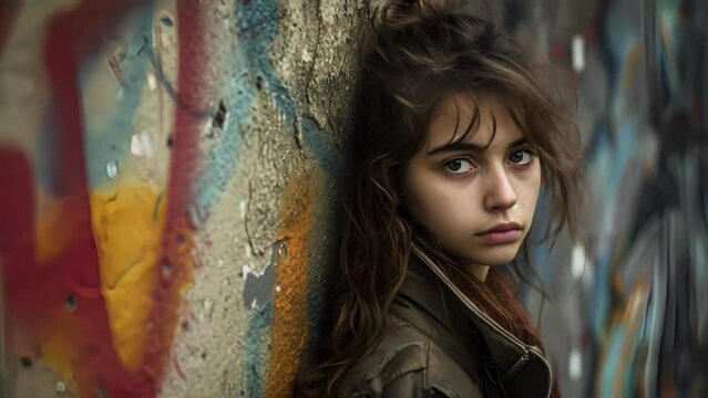 A teenage girl standing in front of a graffiticovered wall her eyes searching for soing amidst the chaos, female Leaning Against Graffiti-Covered Wall