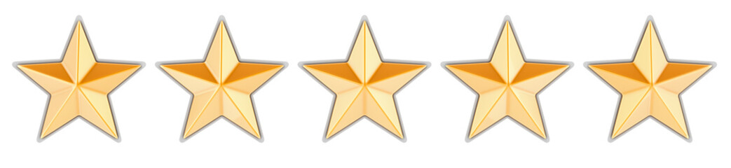 5 golden stars, 3D rendering isolated on transparent background
