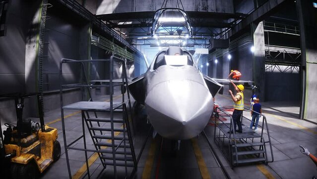 Production of military fighter jet f 35 at the factory. Military factory weapon. Realistic 4k animation.