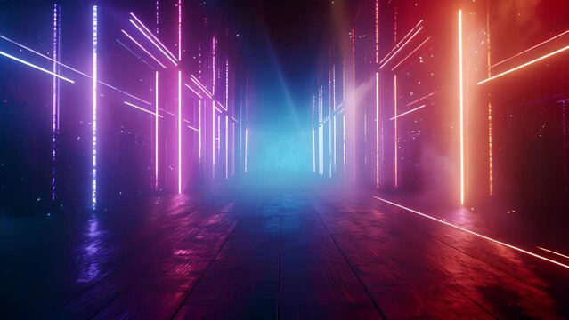The room is illuminated by a pulsating lightscape with beams of color shooting in every direction. The hazy abstract visuals create a sense of movement and energy bringing