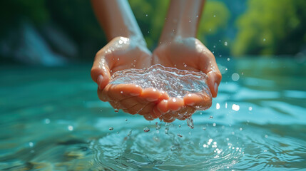 Fototapeta premium Closeup of woman's hand holding fresh water splashing in the lake