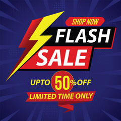 Fototapeta premium Navy Blue red yellow Flash sale poster, sale banner design template with text up to 50% off, limited time only and shop now. Isolated vector illustration for social media and web fully editable