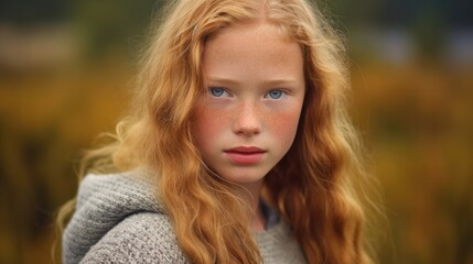 Young girl with red hair and blue eyes is standing in a field.
