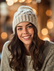 Young woman wearing a sweater and a beanie.