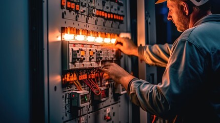 Man working on an electrical panel in a dark room.