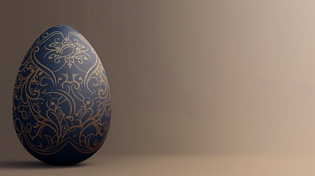 A sleek corporate Easter banner, featuring a 3D-rendered Easter egg in dark blue with gold patterns, on a sophisticated gradient  transitioning from beige to dark blue, blank space