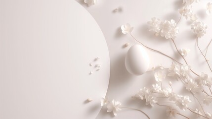 Minimalist and professional Easter design for corporate use, with a large, clear space for text against a backdrop of a single, stylized Easter egg and discrete floral elements. 