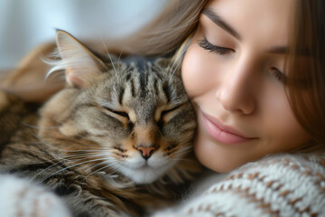 Young woman embracing serenity with her cat