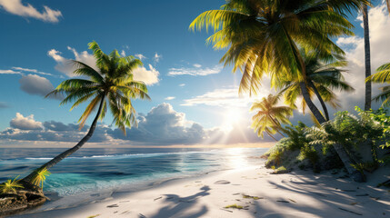 Commercial photography, located by the blue seaside, coconut trees