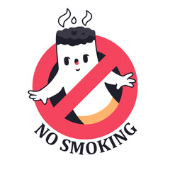 Funny no smoking warning sign isolated on white background. cartoon cigarette character. Prohibition sign, red crossed out circle. Vector illustration eps10.
