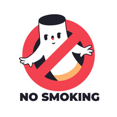 Funny no smoking warning sign isolated on white background. cartoon cigarette character. Prohibition sign, red crossed out circle. Vector illustration eps10.