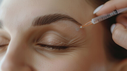 Obraz premium Intense anticipation fills the air as a person receives an eyebrow injection, enhancing their skin's natural beauty and perfecting their closeup look for flawless cosmetics
