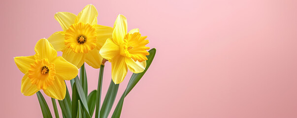 Three fresh blooming flowers yellow daffodils isolated on pink background with place for text, bright spring banner
