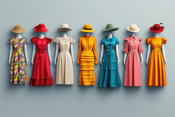 Mannequins in store demonstrate various female capsule wardrobe images in colorful summer dresses with hat on background of plain blue wall. Designer dresses shop - obrazy, fototapety, plakaty