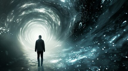 A solitary figure stands in the dimly lit tunnel, their silhouette a stark contrast against the natural beauty surrounding them