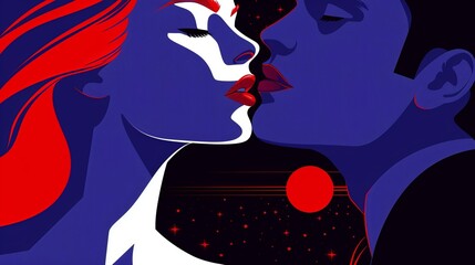 Retro illustration of a man and a woman together. They kiss or have a close relationship or a date. A couple or a husband and wife or lovers