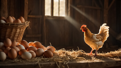 Chicken with eggs in the barn