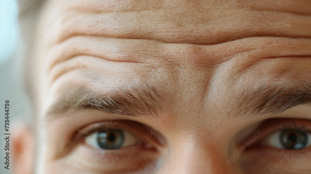 Poster the weathered skin and deep wrinkles on the forehead of a man's face contrast with the striking deta