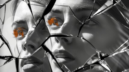 A shattered reflection of one's self, captured in a haunting portrait of vulnerability and fractured beauty