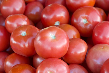 Close up on pile of ripe red tomatoes on the vine piled for sale at Farmer's Market. The tomato is the world's most popular fruit with more than 60 million tons are produced each year.